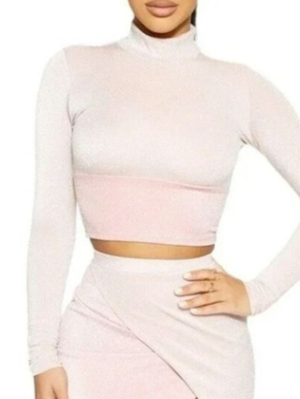 Naked Wardrobe NEW On The Glow Pink Glitter Mockneck Long Sleeve Crop Top M